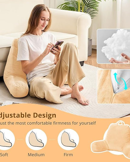 Sasttie Reading Pillow, Velvet Back Pillow for Bed Sitting Up, Adult Back-Rest Support Cushion with Arms for Sit Up on Couch, Sofa, and Floor, Dorm Essentials, Reading Accessories, Camel