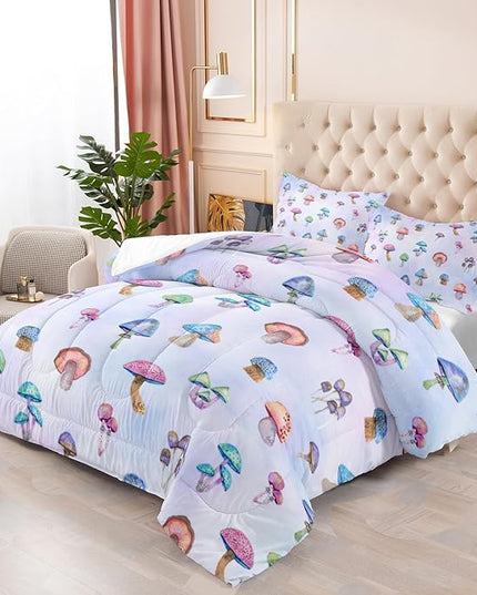 3 Piece Colorful Mushroom Comforter Set with 2 Pillow Covers,Cartoon Colorful Gradient Lightweight Soft Bedding Quilt Set for Girls Boys Kids,Twin Pink Violet