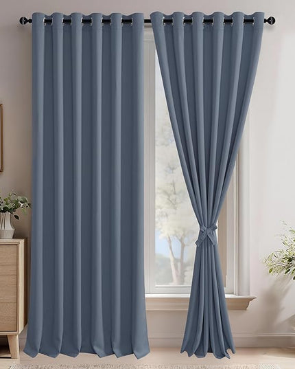 JIUZHEN Dusty Blue Blackout Curtains with Tiebacks - Light Blocking and Noise Reducing Grommet Curtains for Bedroom and Living Room, Set of 2 Window Curtain Panels, 70 x 96 Inch Length