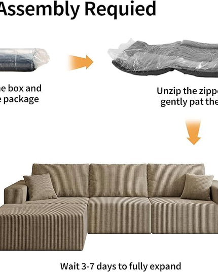 110" Boneless Cloud Sectional Couch for Living Room, Compressed Modular L-Shaped Sofa with Deep Seat, Frameless Corduroy Couch in Boxes, No Assembly Required 3-Seater (Left-Facing Chaise, Grey)