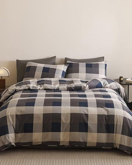 Luxlovery Checkered Navy Comforter Set King Gingham Bedding Set Men's Bedding Grid Bedding Set Fluffy Soft Cottagecore Khaki and Blue Blanket Quilts with 2 Pillowcases King Bed