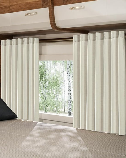 Pleated Memory Shaped Natural Linen Curtains Short, Pinch Pleat Light Filtering 45 inch Curtain with Hooks Privacy for Kitchen Cafe Small Window Back Tab Drape Home Decor 3-3/4FT Panels x 2
