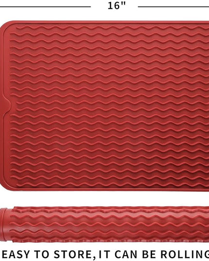 Silicone Dish Drying Mat for Multiple Usage,Easy clean,Eco-friendly,Heat-resistant Silicone Mat for Kitchen Counter or Sink,Refrigerator or drawer liner Red L 16 inches x 12 inches