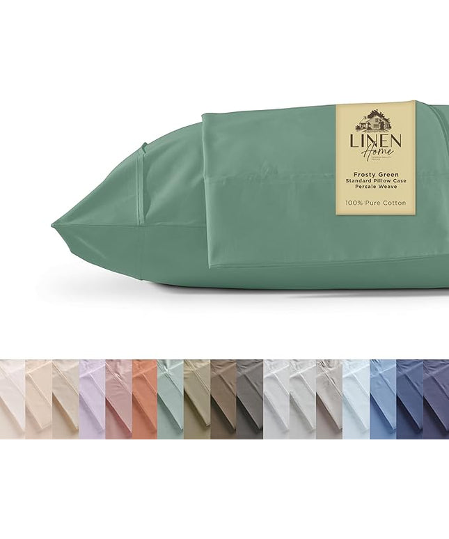 Linen Home 100% Cotton Percale Pillowcases Queen Size, Frosty Green, 2 Pieces of Pillow Case, Crisp and Cool Strong Bed Linen, 20 inches X 30 inches