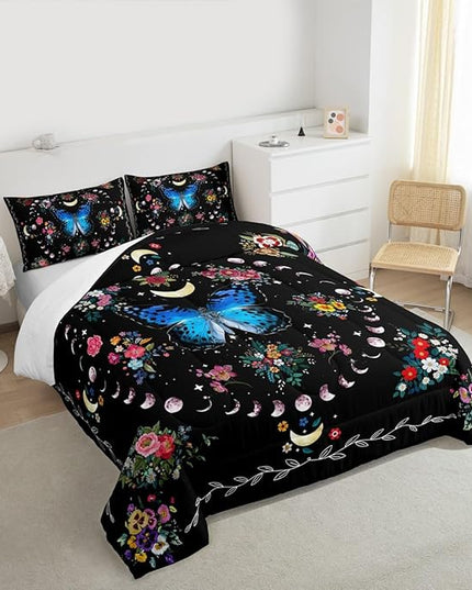 Sun and Moon Kids Comforter Set King Size,Starry Sky Galaxy Planet Trippy Bedding Set,Boys Girls Adults Room Decor,Butterfly Flowers Boho Exotic Down Comforter,Colorful Duvet Insert,2 Pillowcases