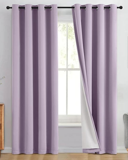 Yakamok 100% Blackout Curtain Panels 84 inches Cold and Light Blocking Drapes for Nursery, 2 Thick Layers Thermal Insulated Draperies (2 Pieces, 50 Wide Each Panel, Lilac Front with White Backing)