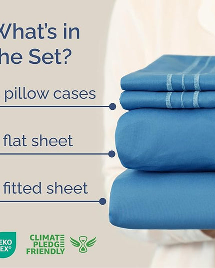 Queen Size 4 Piece Sheet Set - Comfy Breathable & Cooling Bed Sheets Set - Hotel Luxury Bedding for Women, Men, Kids, Teens, Boys & Girls - Deep Pockets, Soft and Wrinkle Free - Oeko-Tex - Denim Blue