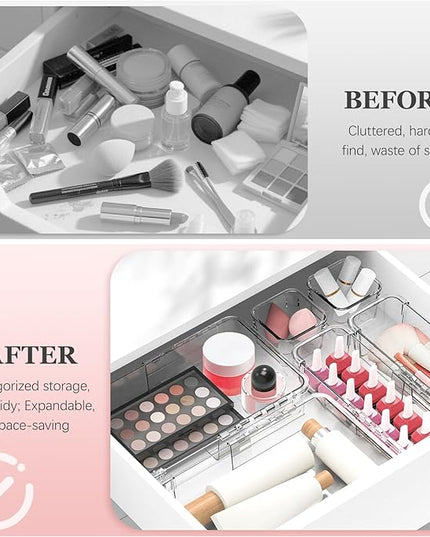 DILIBRA 16 Pcs Clear Extendable Drawer Organizer, Adjustable Drawer Storage 3-Size Desk Drawer Organizer, Plastic Non-Slip Storage Bins for Makeup, Cosmetic, Jewelries, Utensils, Stationery, Dressers