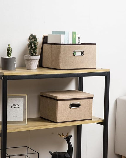 PRANDOM Storage Bins with Lids [3-Pack] Jute Fabric Foldable Storage Boxes Organizer Containers Baskets Cube with Cover for Home Bedroom Closet Office Nursery khaki（11.4X8.6X6.7