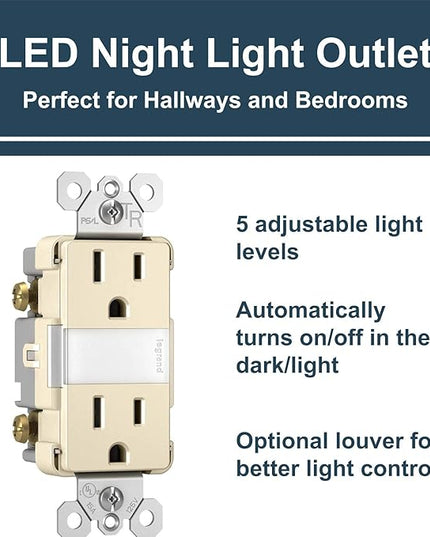 Legrand radiant NTL885TRLACC6 15 Amp Adjustable LED Night Light Outlet, Tamper Resistant Decorator Receptacle, Optional Louver, Light Almond (1 Count)