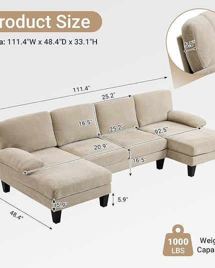 VINGLI 110" Sectional Couches for Living Room,U Shaped Couch with Double Chaise, 4-Seat Sofa Set with Chenille Fabric for Home Furniture,Light Khaki