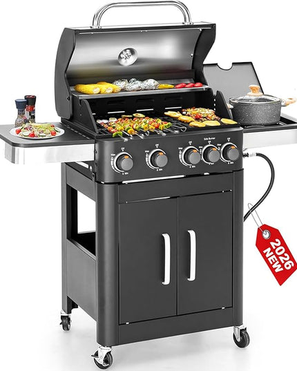 2 in 1 Propane Gas BBQ Grill with Side Burner & Porcelain-Enameled Cast Iron Grate, 4-Burner Flat Top Griddle, 46,700 BTU Outdoor Barbecue Propane Griddle Grill Combo for Camping, Patio, Backyard