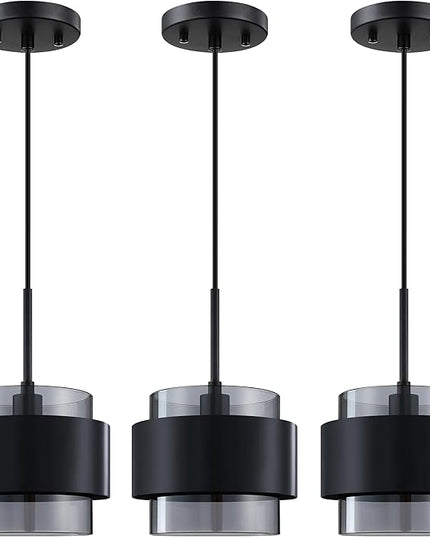 3 Pack 1 Light Hanging Kitchen Island Modern Industrial Farmhouse 6.5" Metal Shade Grey Glass Pendant Light Fixture,Black Finish Over Sink Restaurant bar Corridor