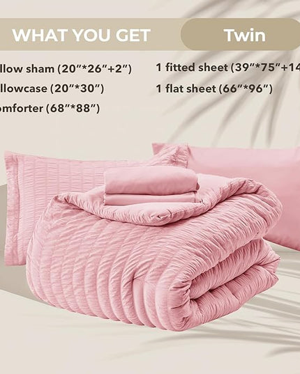 HYMOKEGE Pink Twin Comforter Set Seersucker 5 Pieces, All Season Luxury Bed in a Bag for Bedroom, Bedding Set with Comforters, Sheets, Pillowcase & Sham