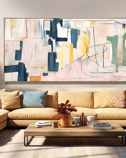 Pink Abstract Painting Large Wall Art Living Room Decor Blue Canvas Print Line Artwork Home Office Decoration 29x58 Inch