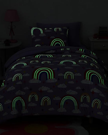 Twin Comforter Set for Girls-5 Pieces Purple Rainbow Glow in The Dark Twin Bedding Sets for Kids, Ultra Soft Bed in A Bag with Sheets