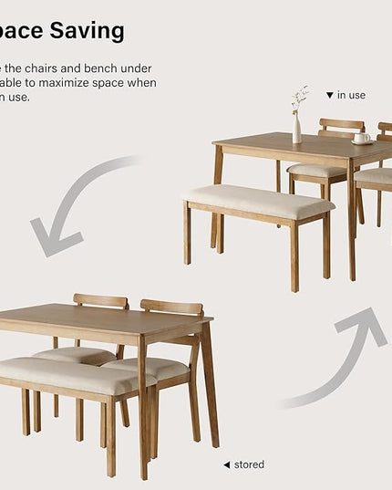 6 Piece Dining Table Set with Bench, Wooden Rectangular Kitchen Table and 4 Upholstered Chairs, Farmhouse Dining Room Furniture for Family Meals, Light Oak Finish