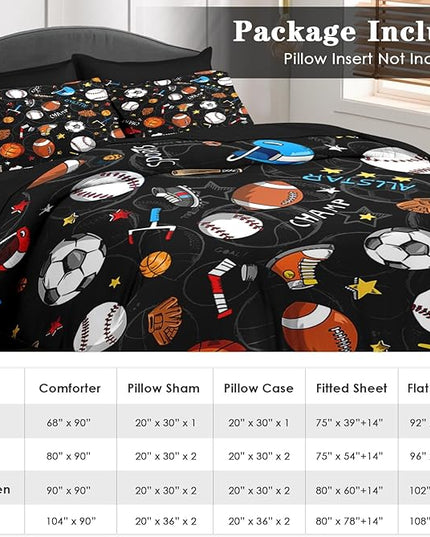 Comforter Set King Size, Basketball Football Baseball 7 Pcs Bedding for Kids and Adults, Hockey Sport Bed Sheet Sets with Fitted Sheet 2 Pillowcases & 2 Shams for Bedroom Bed Decor