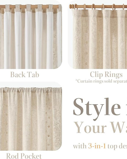 jinchan Winslow Lined Linen Curtains for Bedroom 63 Inches Linen Blended Embroidered Bordered Floral Curtains for Living Room Farmhouse Decor Window Treatments Ivory on Beige Drapes 2 Panels