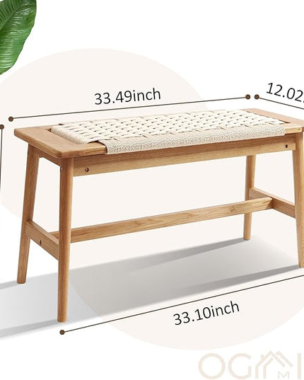 OGMILL 33.5" L Wood Dining Bench Indoor, 100% Natural Solid Oak Bed Bench Hand Woven Enterway Bench Small Bench for Dining Room, Bedroom, Kitchen (Creamy White)