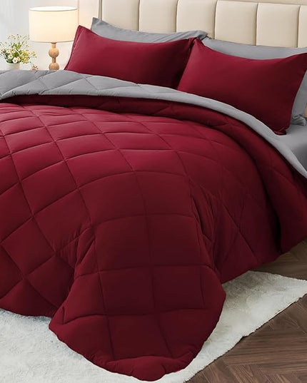 MUXHOMO 7 Pieces Queen Comforter Set, Reversible Bed in a Bag Queen Size, All Season Bedding Set with Comforter, Flat Sheet, Fitted Sheet, Pillowcases & Shams, Burgundy & Grey