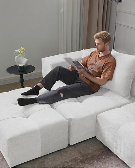 JACH 183.5 Inch U-Shaped Modular Sectional Sofas, Modern 4-Seater Couch with Chaise Ottomans, Mid Century Modern Sectional Couches, Cozy Sleeper Sofa for Living Room (Linen Fabric, White)
