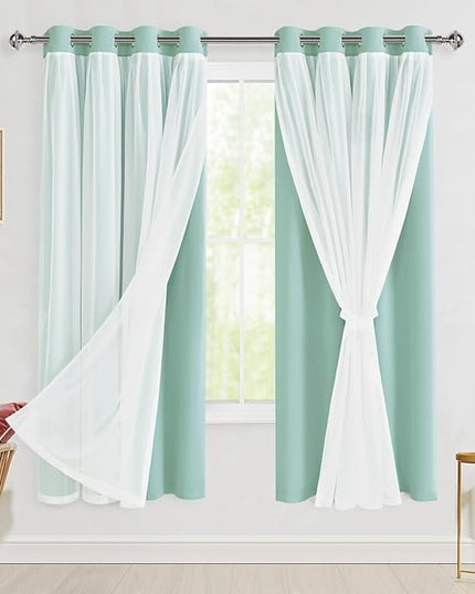 Hiasan Blackout Curtains with Sheer Overlay, Grommet Thermal Insulated Privacy Mix and Match Double Layer Window Curtains for Bedroom, Living Room, 2 Drape Panels with Tiebacks, Aqua, 52W X 63L