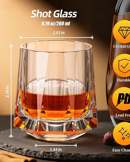 KAMMAK Crystal Old Fashioned Glass Set of 2, 8.79 oz (260ml) Hand Blown Whiskey Glasses, Tumbler with Delicate Rim & Weighted Base, Lead-Free Barware for Scotch, Bourbon, Cocktail