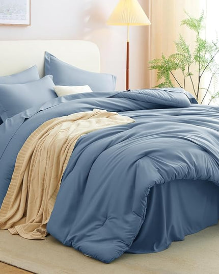 CozyLux Queen Comforter Set Grayish Blue, 7 Pieces Bed in a Bag Queen Comforter Set with Sheets, Bedding Sets with Down Alternative Comforter, Fitted Sheets, Flat Sheets, Pillow Shams and Pillowcases