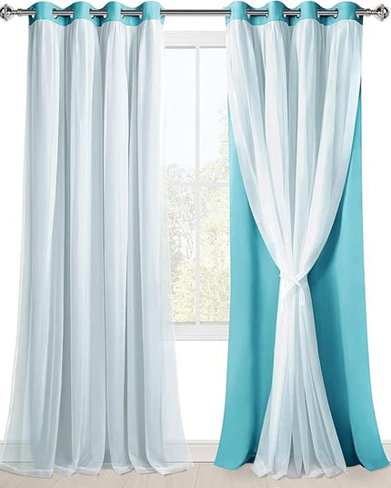 Hiasan Blackout Curtains with Sheer Overlay, Thermal Insulated Sun Blocking Grommet Window Curtains for Bedroom, Living Room, Kids' Room, 2 Drape Panels with Tiebacks, Turquoise, 52W X 96L