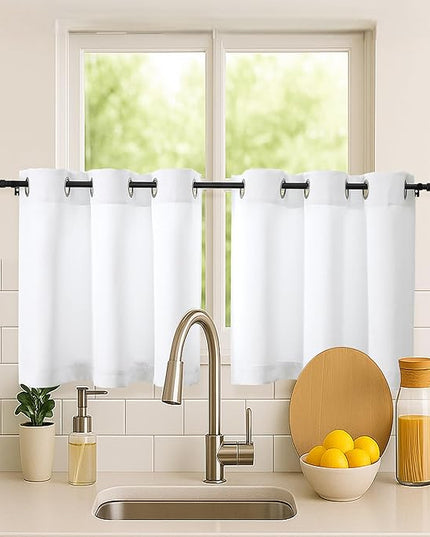 Simplebrand Pure White Short Kitchen Curtains 24 Inch Length 2 Panels Set, Light Filtering Small Windows Curtain for Bathroom, Cabinet, Basement, RV Camper, Privacy Soft Short Drapes, 40 x 24 Inch