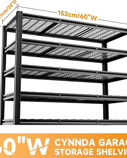 5-Tier 60”W x 24”D x 72”H Garage Shelving Storage Shelves 3000LBS Heavy Duty Metal Shelf Adjustable Rack Units Suitable for Garage Basement Warehouse Utility Shelves (Black)