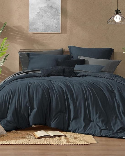 Monbix California King Comforter Set - 7 Pieces Cationic Dyeing Navy Blue Bed in a Bag Cal King Bedding Sets with Comforter, Sheets, Pillowcases & Shams, Reversible Bedding Comforters Sets(108 * 92)