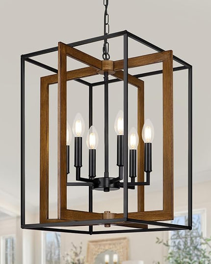 6-Light Rustic Farmhouse Chandelier for Dining Room, 20.6'' Modern Farmhouse Faux Wood Black Chandeliers, Adjustable Metal Lantern Hanging Light Fixture for Foyer, Kitchen, Entryway, Hallway
