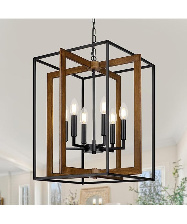 6-Light Rustic Farmhouse Chandelier for Dining Room, 20.6'' Modern Farmhouse Faux Wood Black Chandeliers, Adjustable Metal Lantern Hanging Light Fixture for Foyer, Kitchen, Entryway, Hallway