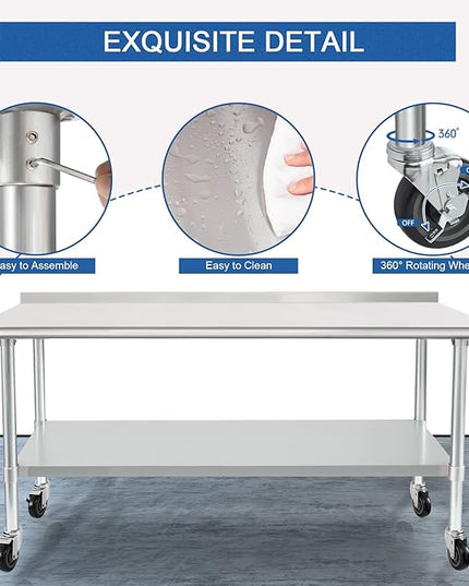 HARDURA Stainless Steel Table with Wheels 30X72 Inches NSF Heavy Duty Commercial Prep Table with 2” Backsplash and Adjustable Undershelf for Food Prep