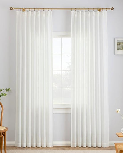 Pinch Pleated Linen Curtains 90 Inches Long, Light Filtering Curtains for Living Room, Farmhouse Window Curtains for Bedroom, Modern Drapes with Hooks and Rings, White, 2 Panels Set