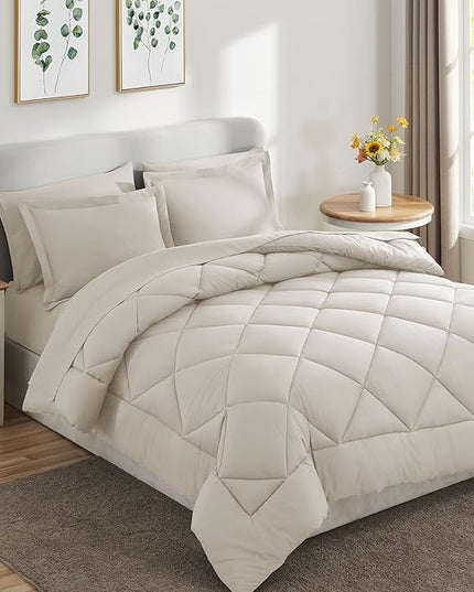 CozyLux Oversized King Comforter Set Beige - 7 Pieces Bed in a Bag Comforter Set with Sheets, Luxury Soft Bed Set All Seasons, Bedding Set with Down Alternative Comforter, Sheets, Pillowcases & Shams