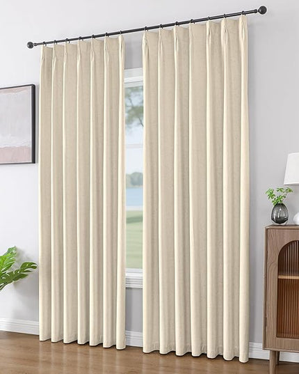 Joydeco 100% Blackout Pleated Curtains, Linen Window Curtains 2 Panel Sets 108 inches Long, Thermal Insulated Darkening Drapes for Bedroom(Bleached Sand,40'' Wx108'' L)