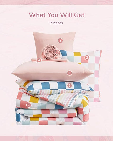 Full Size Comforter Set for Girls-7 Pieces Colorful Check Full Bedding Sets for Kids, Ultra Soft Bed in A Bag with Sheets