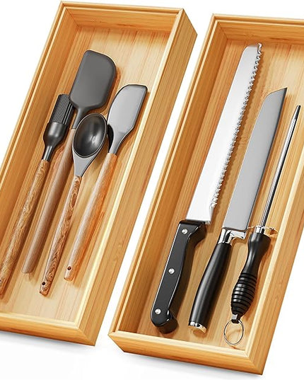 Bamboo Kitchen Drawer Organizer Boxes – 15" x 6" Stackable Wood Silverware Utensil Tray for Drawers Bins, Cutlery & Flatware Storage – Wooden Organizers Set of 2 for Junk Drawer, Bathroom, RV