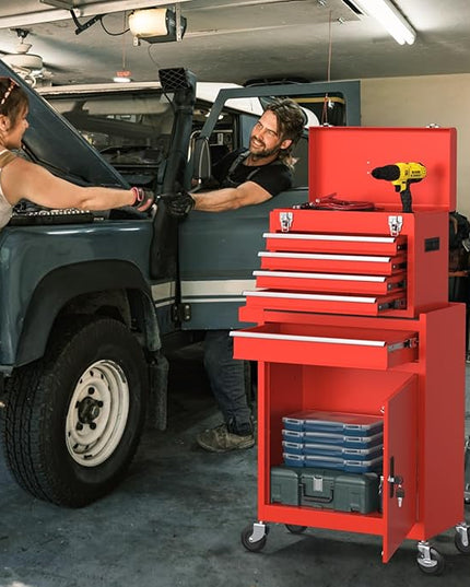 5-Drawers Tool Chest, 2-in-1 Rolling Tool Box with Wheels and Drawers, Detachable Storage Toolbox with Lock, Heavy-Duty Metal Tool Cart for Garage, Workshop (Red)