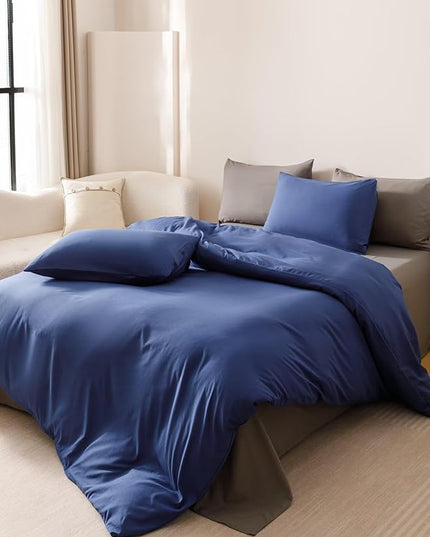 Houseri Royal Blue Comforter Set Queen Neutral Navy Bedding Men Women Japanese Style Solid Blue Vintage Farmhouse Bed Sets Queen Size