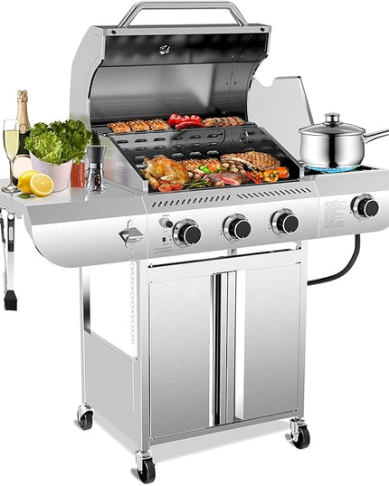 G31 pro Gas Grill 34,000 BTU 3-Burner Propane Grill with Side Burner, Stainless Steel BBQ Grill, Cast Iron Grates & Portable Cart with Wheels，Outdoor Barbecue Grill for Backyard, Patio, Camping