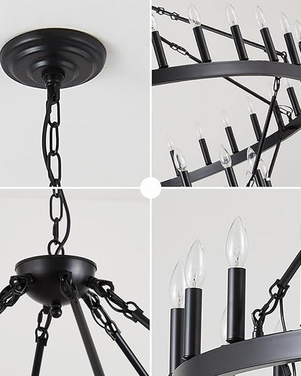 60-Inch Black Extra Large Wagon Wheel Chandelier, 2 Tier 54-Light Farmhouse Chandeliers Industrial Round High Ceiling Pendant Light for Dining Room, Living Room, Entryway, E12