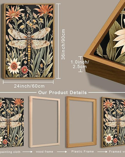 ANHUIB Extra Large Wall Art William Morris Wall Art 24x36 Inch Vintage Floral Wall Decor Butterfly Dragonfly Paintings Set of 3 for Living Room Bedroom Dining Room