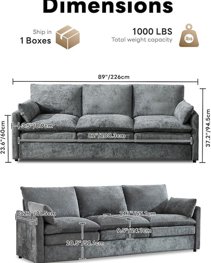 Tbfit Modern Couch, 89" Cloud Sofa Spring Seat Cushions, Comfy 3-Seater w/Pillows, Chenille Fabric Removable Covers, Soft Upholstered Living Room Furniture, Home Apartment, Gray