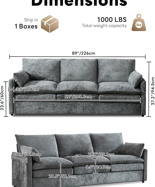 Tbfit Modern Couch, 89" Cloud Sofa Spring Seat Cushions, Comfy 3-Seater w/Pillows, Chenille Fabric Removable Covers, Soft Upholstered Living Room Furniture, Home Apartment, Gray