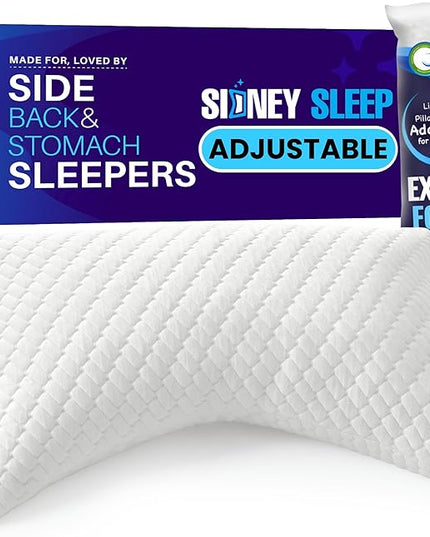 Sidney Sleep Adjustable Curved Contour Fill Pillow – Queen Size – for Side and Back Sleepers – Neck & Shoulder Comfort Support – Extra Fill Included (White)