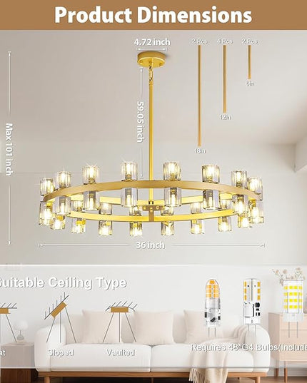 36-Light Large Gold Chandeliers for High Ceilings, 36 Inch Modern Crystal Wagon Wheel Chandelier, Farmhouse Industrial Round Chandelier Pendant Lighting Fixture for Dining Living Room Kitchen